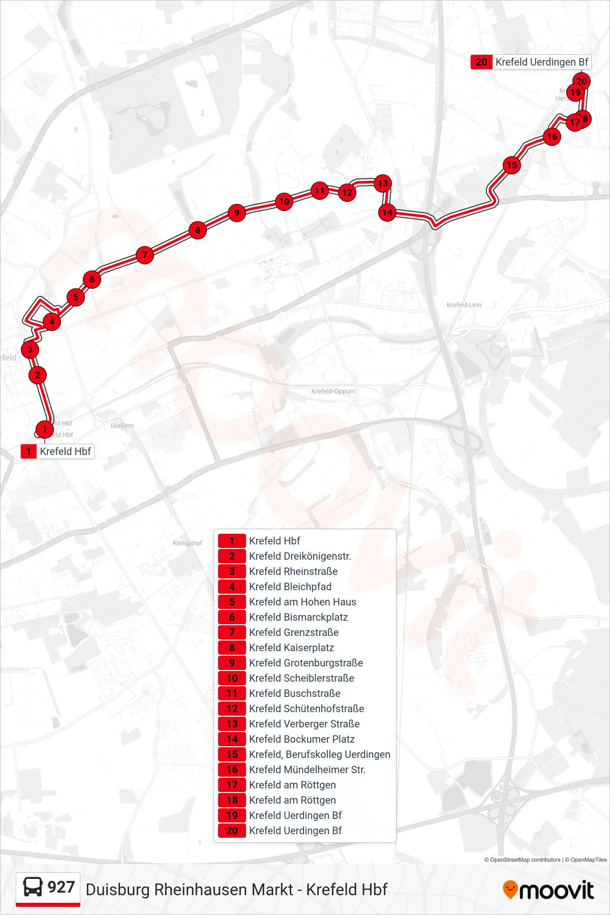 Linie 927 (Bus) Richtung Krefeld Uerdingen Bf: Route und Haltestellen auf der Karte