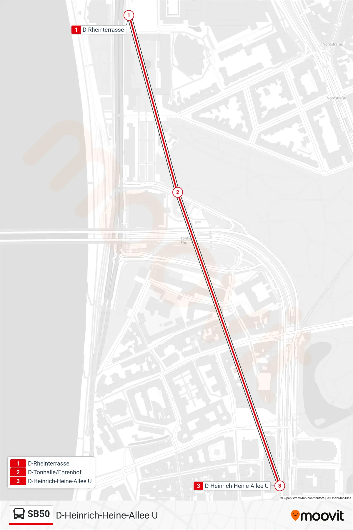 SB50 bus Line (D-Heinrich-Heine-Allee U) route and stops on a map
