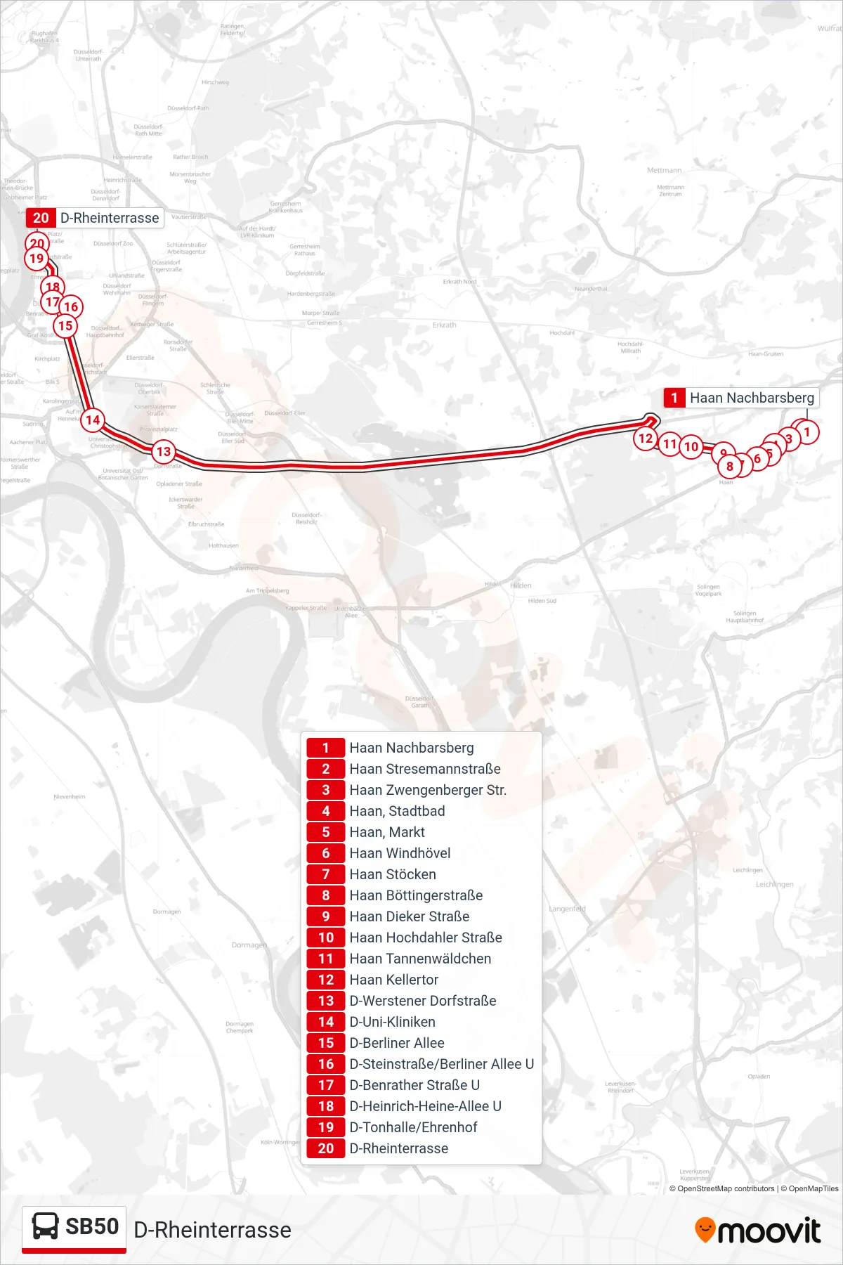 Linie SB50 (Bus) Richtung D-Rheinterrasse: Route und Haltestellen auf der Karte