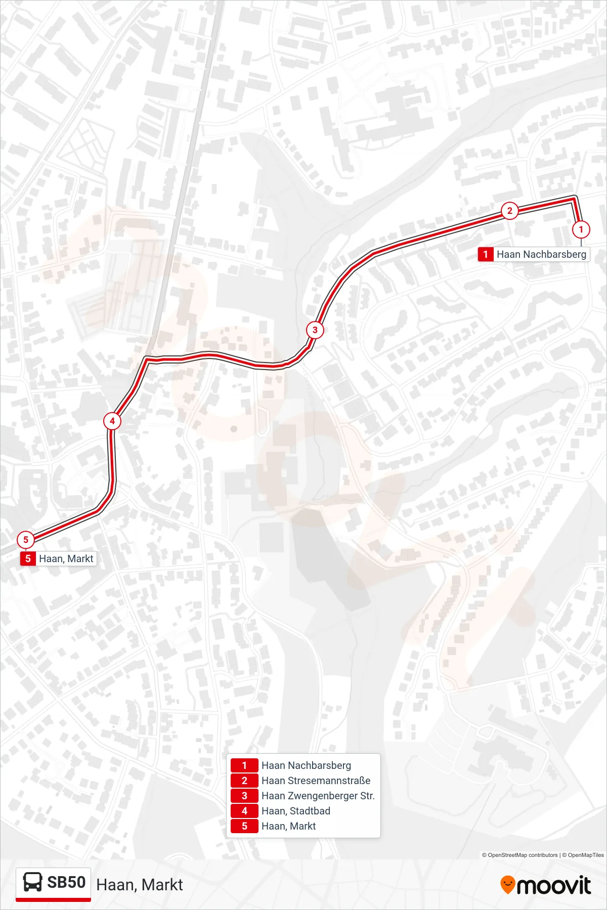 SB50 bus Line (Haan, Markt) route and stops on a map