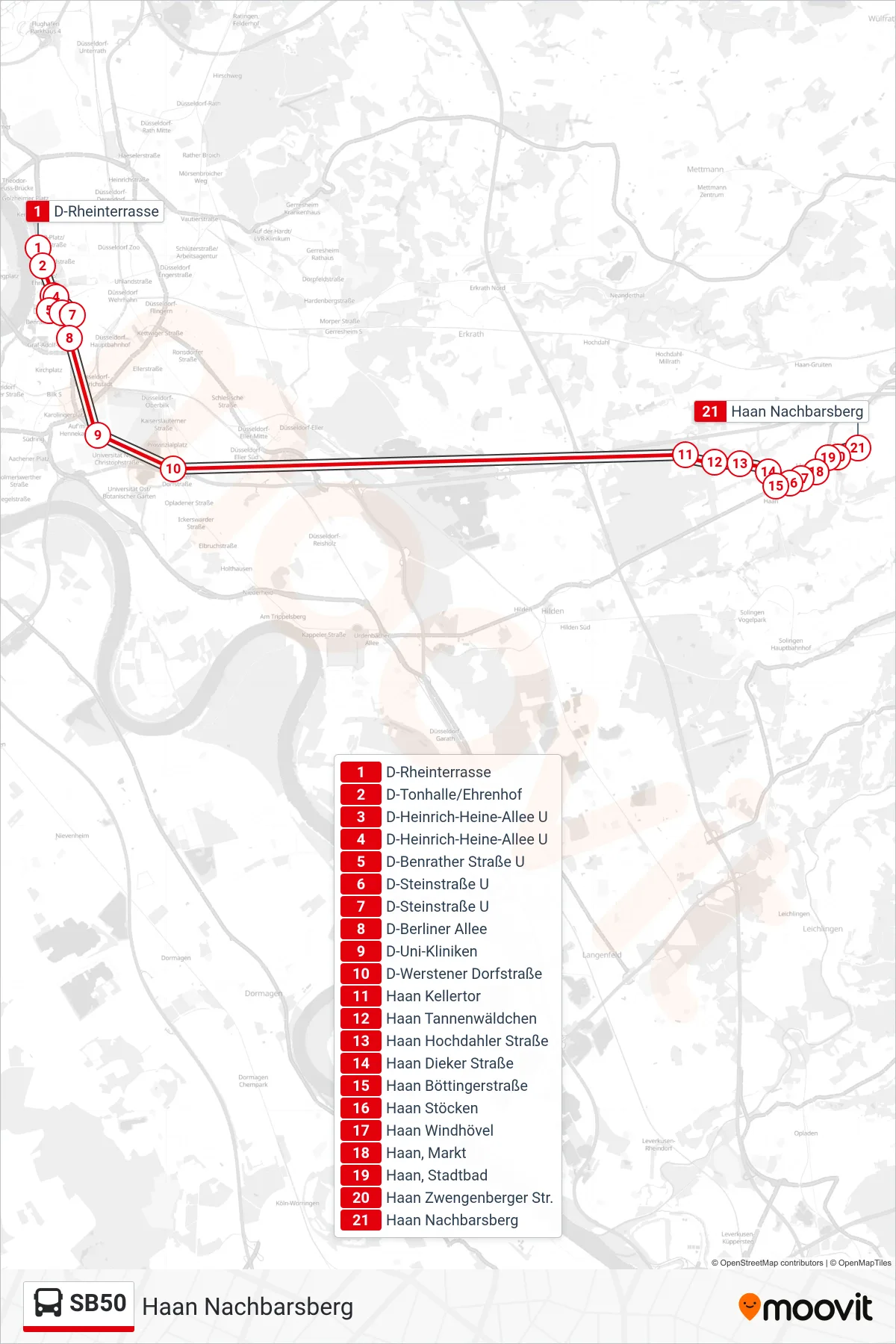 Linie SB50 (Bus) Richtung Haan Nachbarsberg: Route und Haltestellen auf der Karte