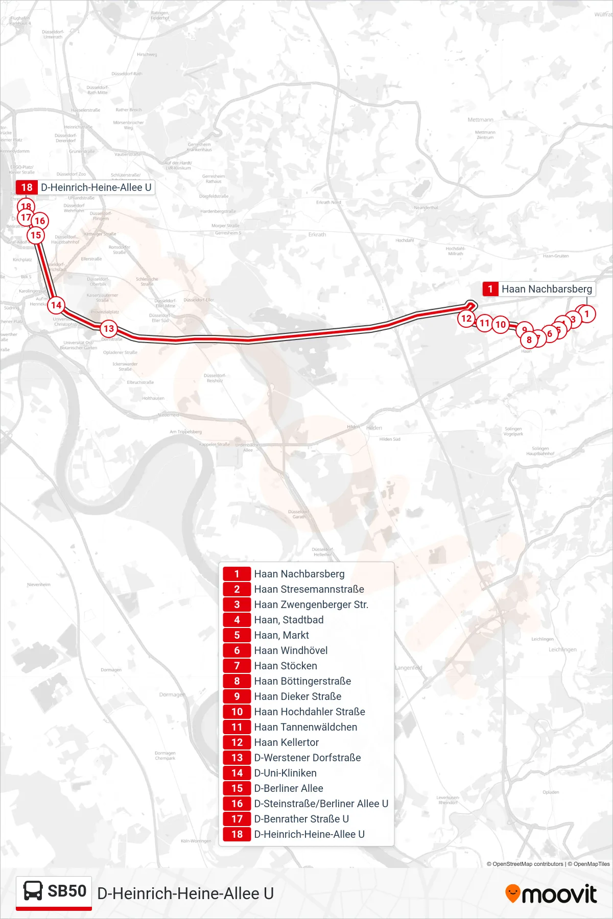 SB50 bus Line (D-Heinrich-Heine-Allee U) route and stops on a map