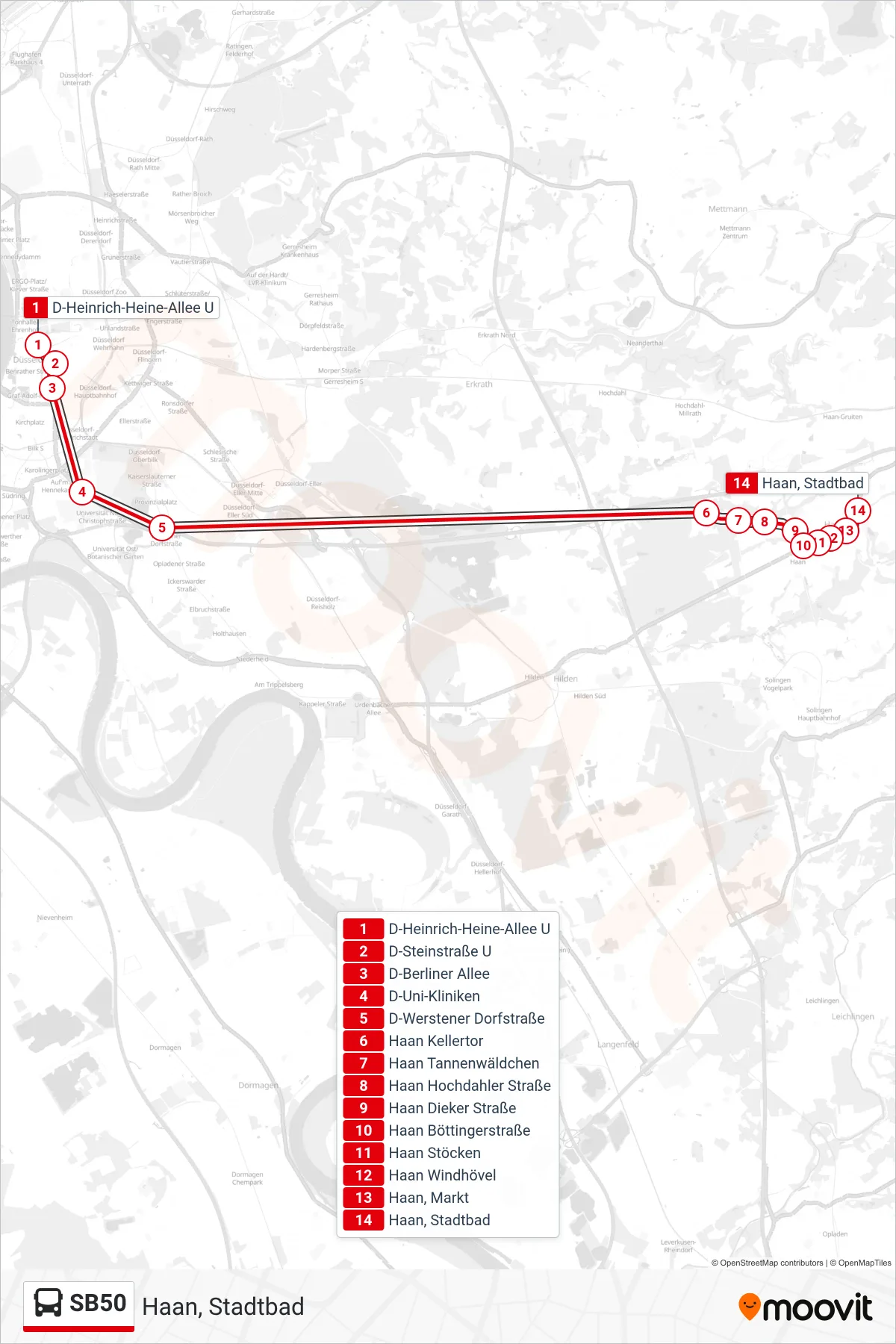 SB50 bus Line (Haan, Stadtbad) route and stops on a map