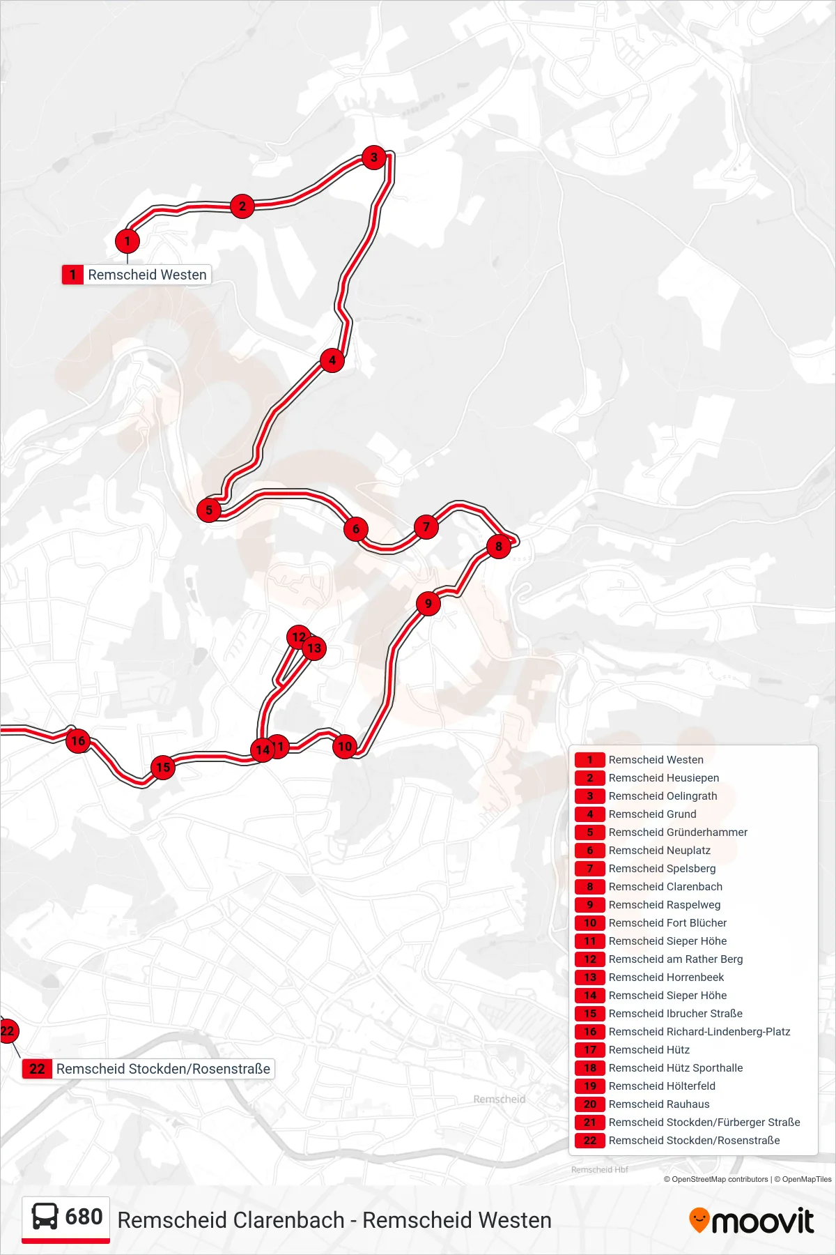 Linie 680 (Bus) Richtung Remscheid Stockden/Rosenstraße: Route und Haltestellen auf der Karte