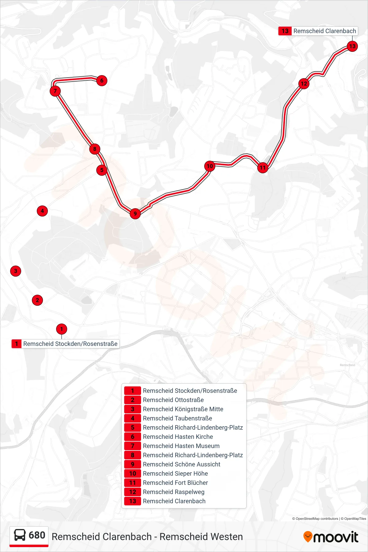 Linie 680 (Bus) Richtung Remscheid Clarenbach: Route und Haltestellen auf der Karte