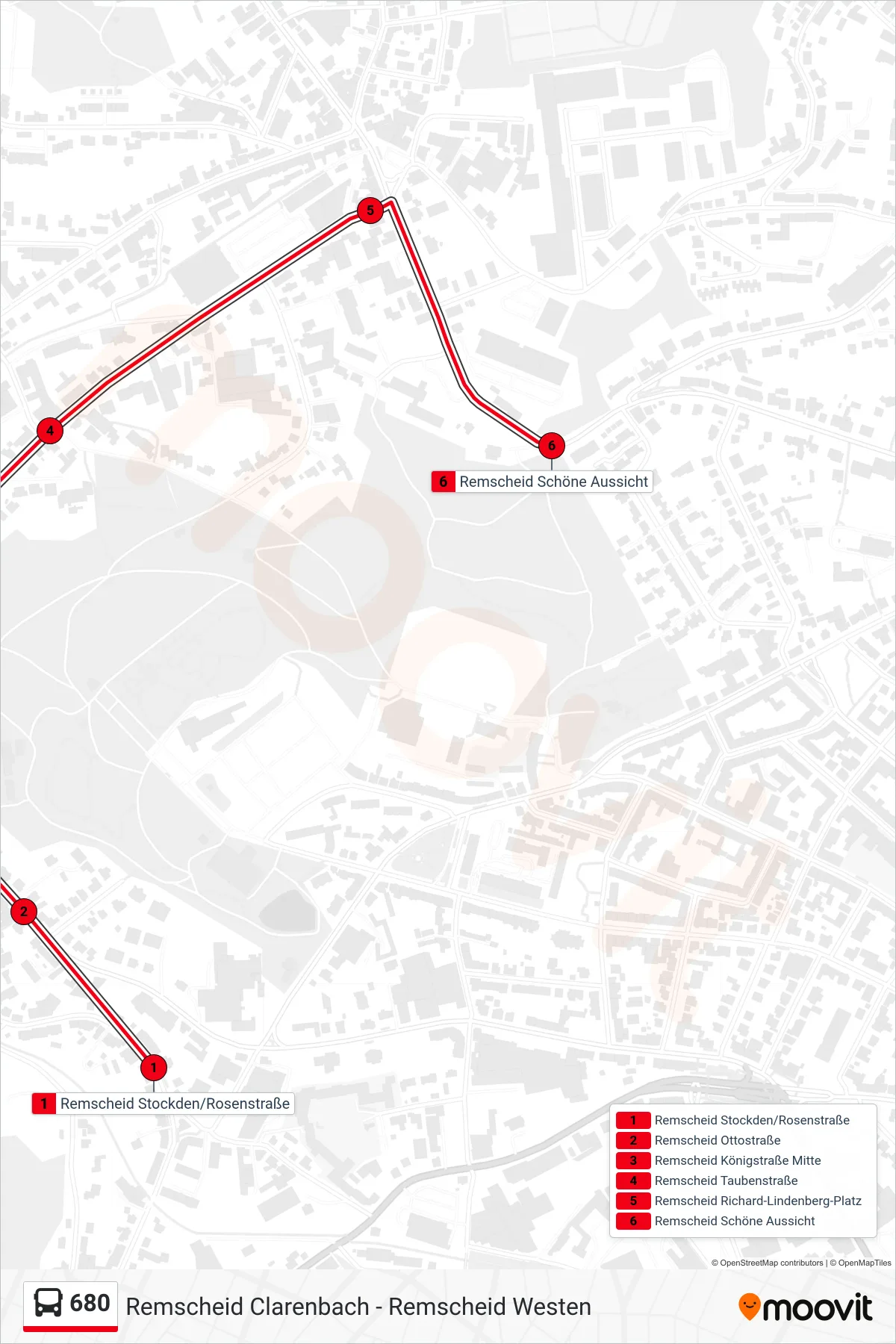 Linie 680 (Bus) Richtung Remscheid Schöne Aussicht: Route und Haltestellen auf der Karte