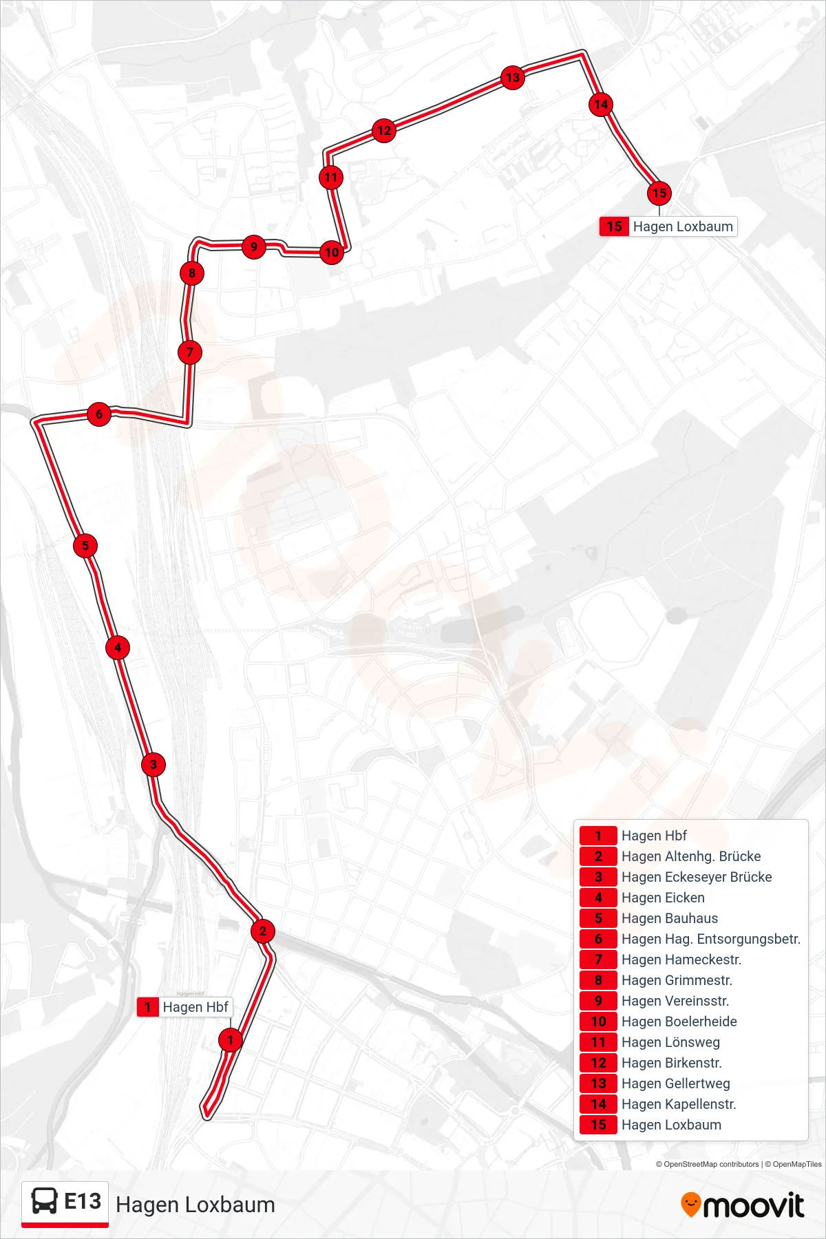 Linie E13 (Bus) Richtung Hagen Loxbaum: Route und Haltestellen auf der Karte