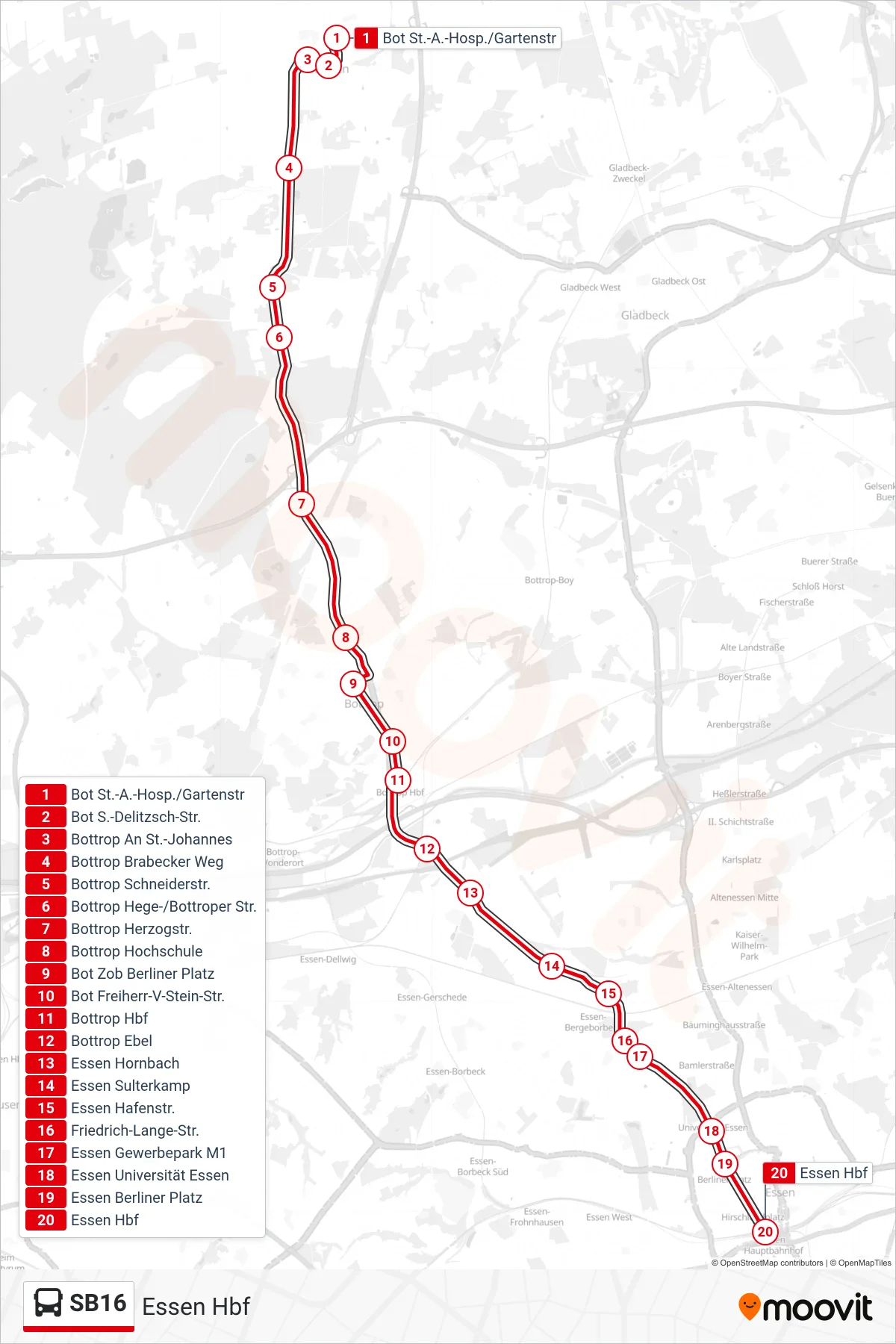 Linie SB16 (Bus) Richtung Essen Hbf: Route und Haltestellen auf der Karte