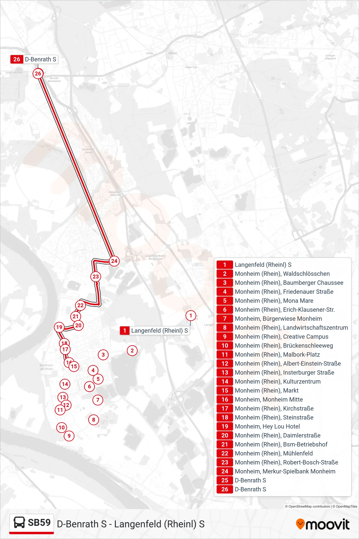 Linie SB59 (Bus) Richtung D-Benrath S: Route und Haltestellen auf der Karte