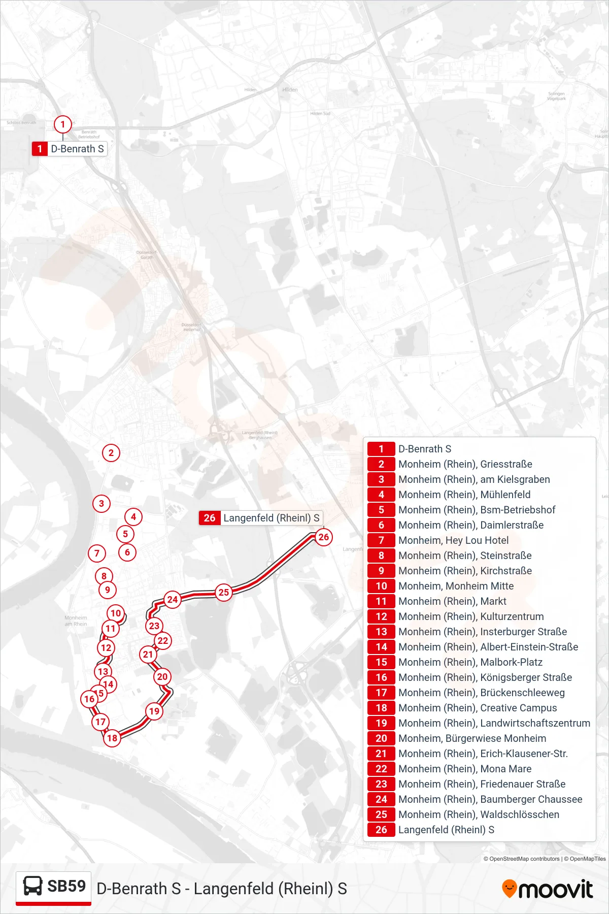 Linie SB59 (Bus) Richtung Langenfeld (Rheinl) S: Route und Haltestellen auf der Karte