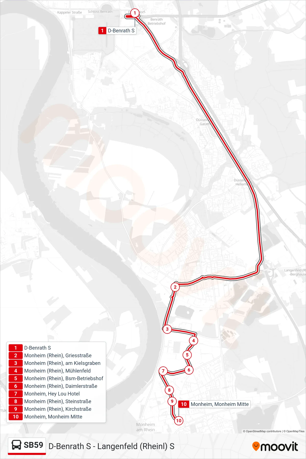 Linie SB59 (Bus) Richtung Monheim, Monheim Mitte: Route und Haltestellen auf der Karte