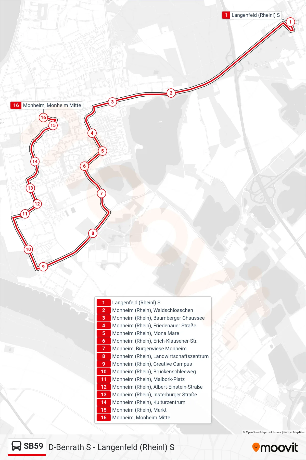 Linie SB59 (Bus) Richtung Monheim, Monheim Mitte: Route und Haltestellen auf der Karte