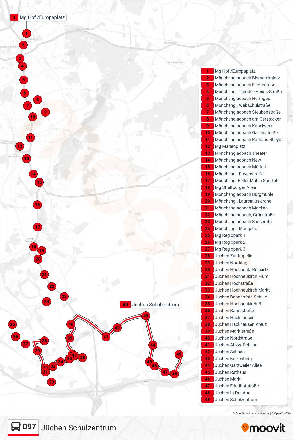 Linie 097 (Bus) Richtung Jüchen Schulzentrum: Route und Haltestellen auf der Karte