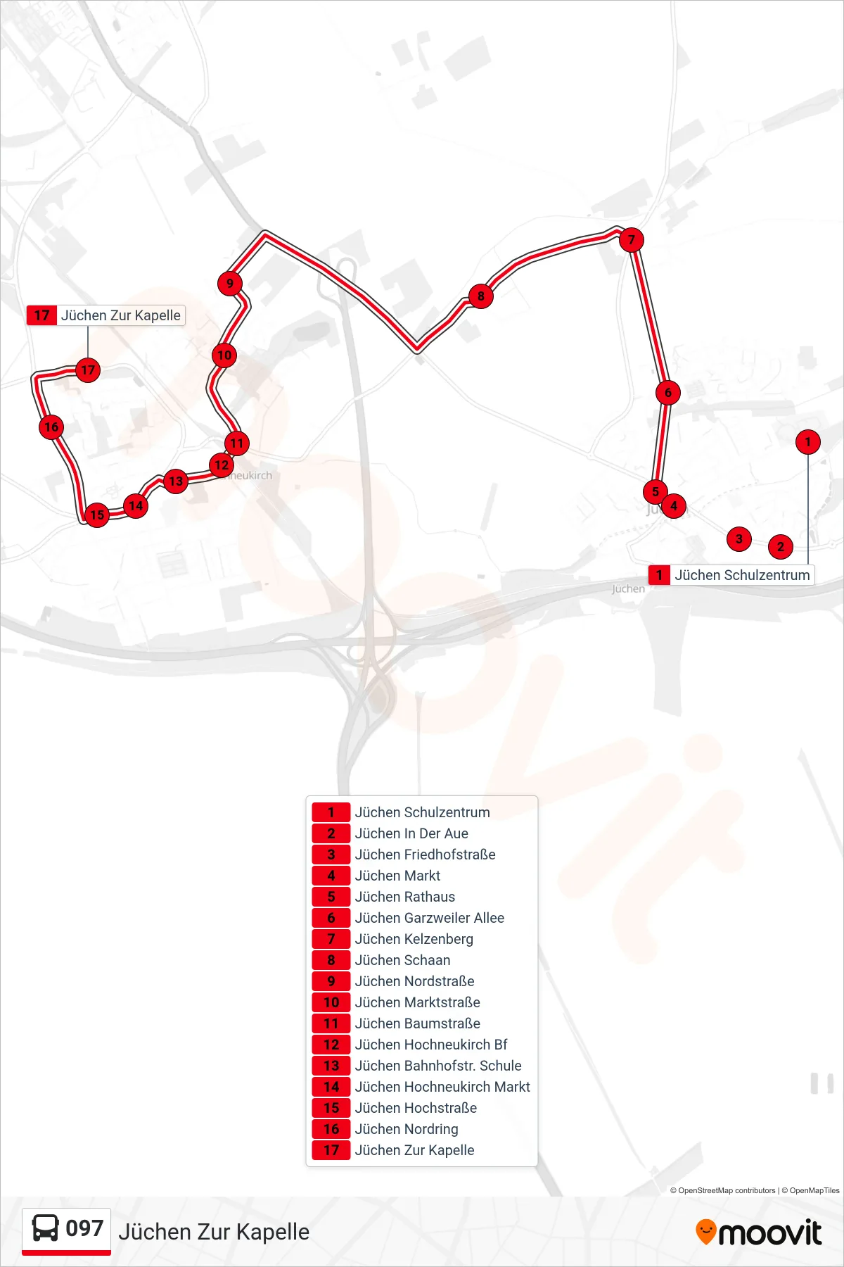 Linie 097 (Bus) Richtung Jüchen Zur Kapelle: Route und Haltestellen auf der Karte