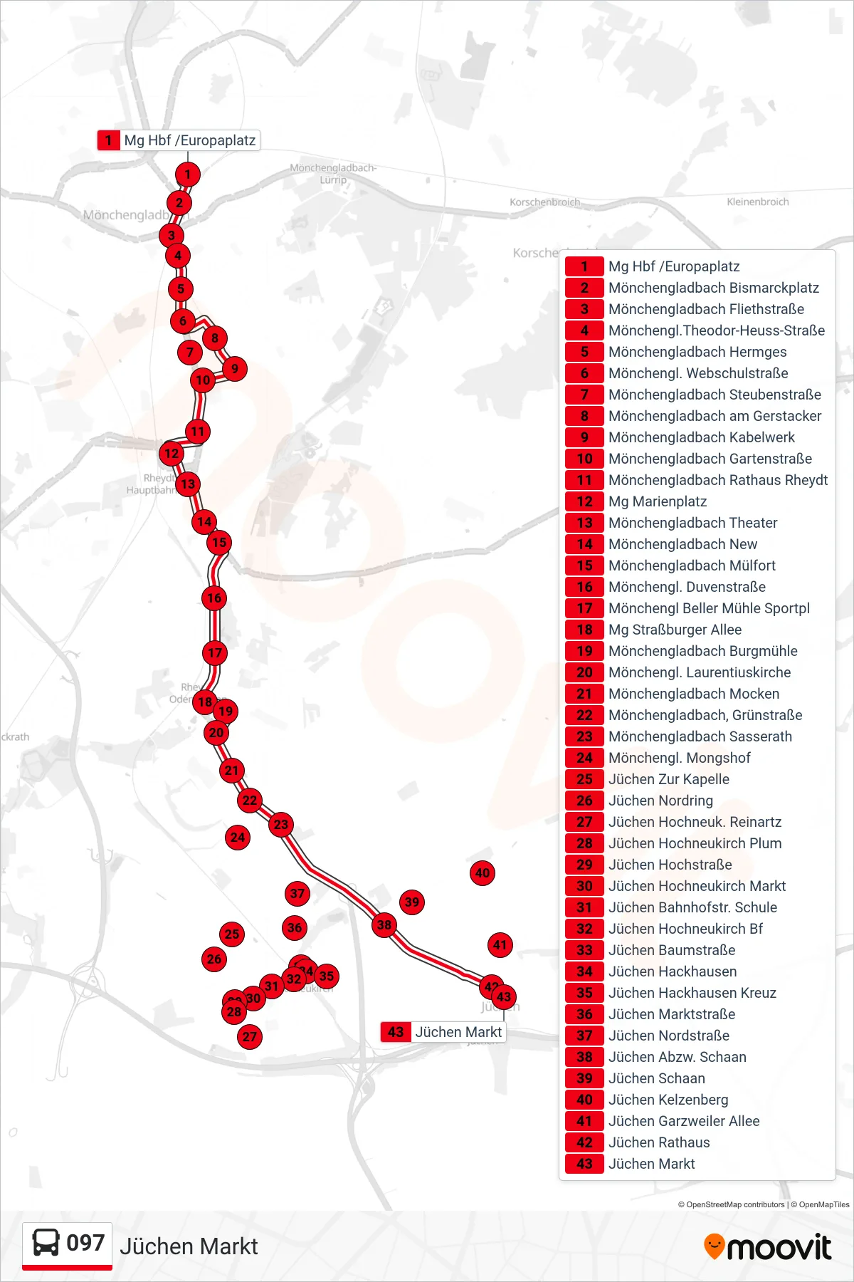 097 bus Line (Jüchen Markt) route and stops on a map