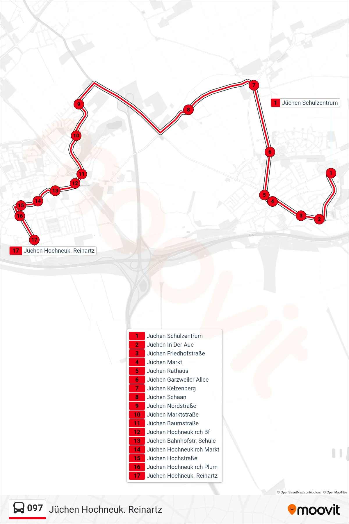 097 bus Line (Jüchen Hochneuk. Reinartz) route and stops on a map