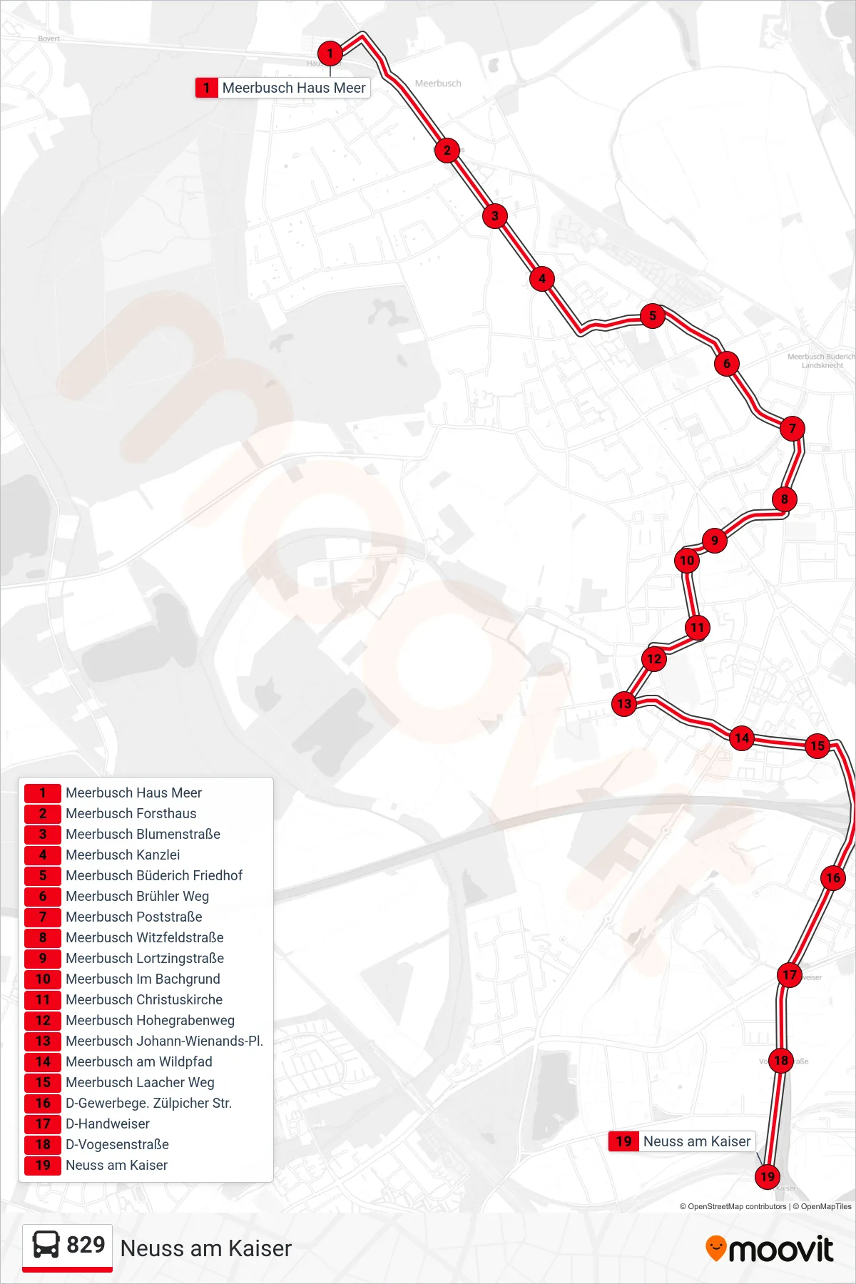 Linie 829 (Bus) Richtung Neuss am Kaiser: Route und Haltestellen auf der Karte