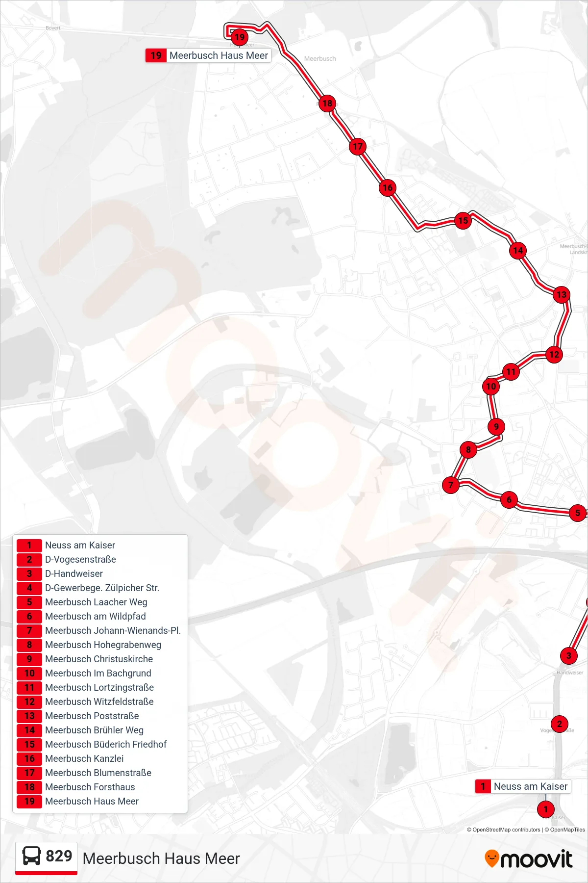 Linie 829 (Bus) Richtung Meerbusch Haus Meer: Route und Haltestellen auf der Karte