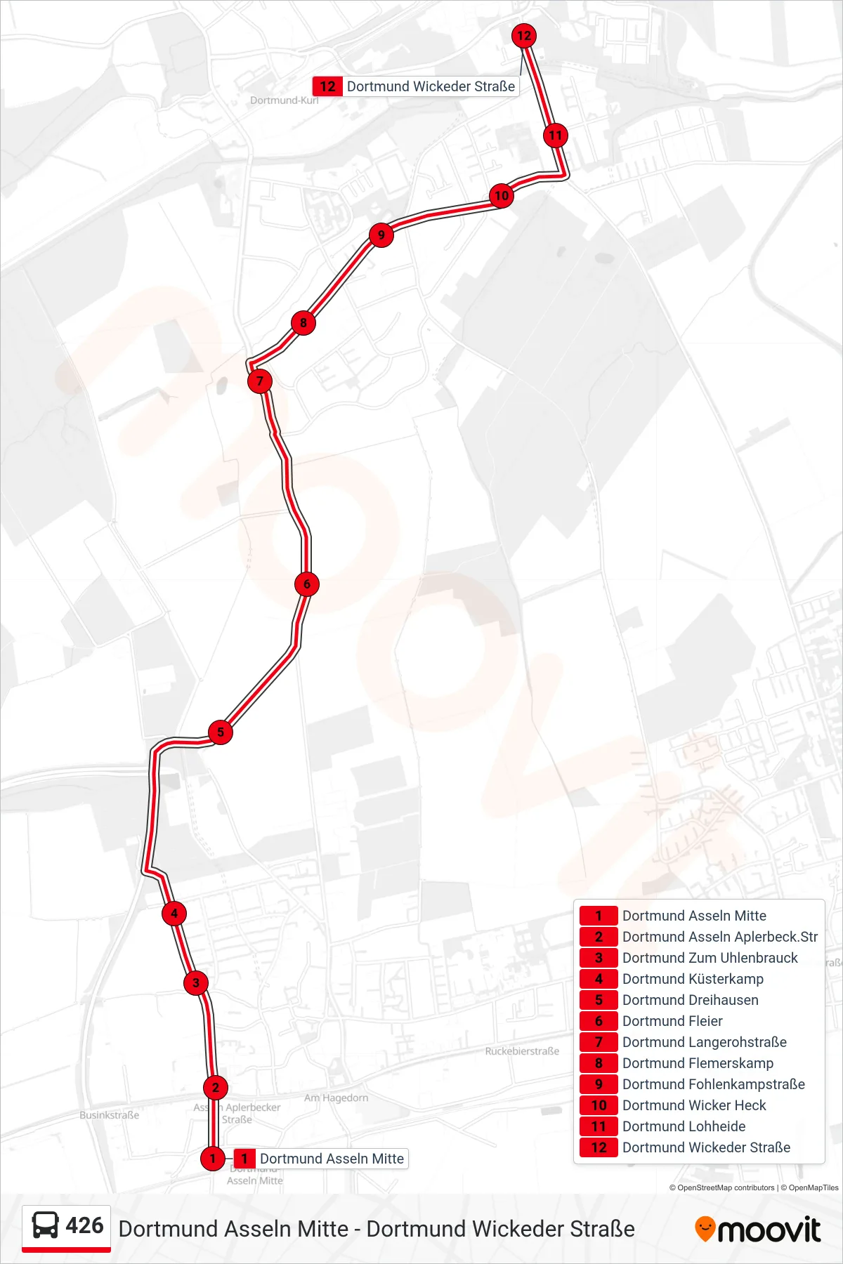 Linie 426 (Bus) Richtung Dortmund Wickeder Straße: Route und Haltestellen auf der Karte