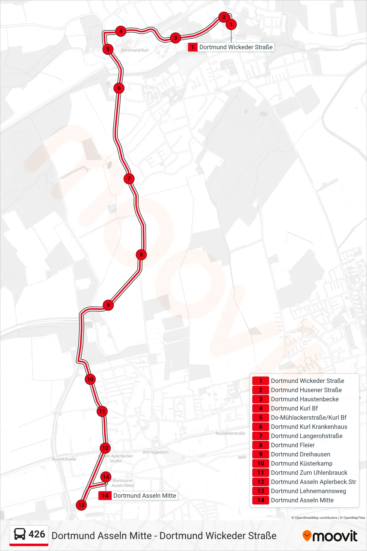 Linie 426 (Bus) Richtung Dortmund Asseln Mitte: Route und Haltestellen auf der Karte