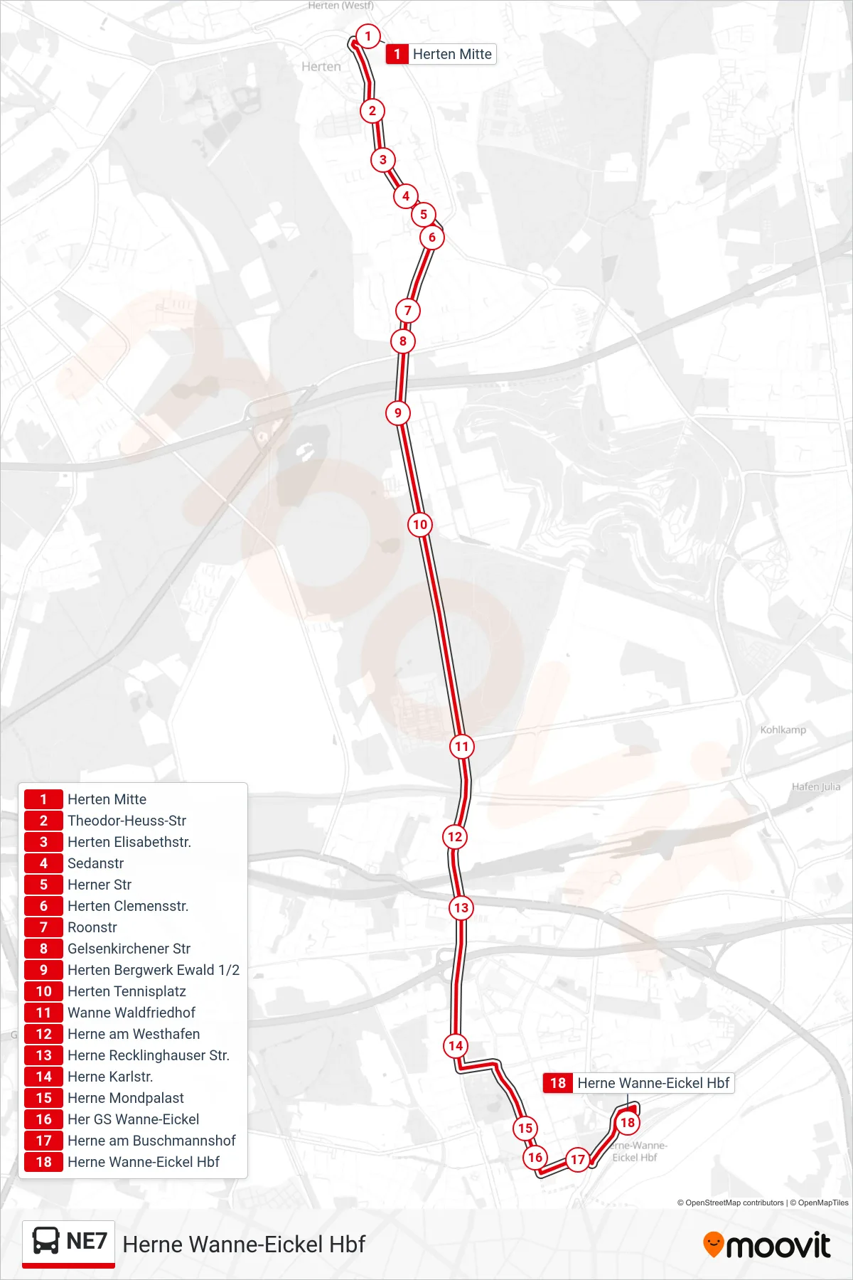 Linie NE7 (Bus) Richtung Herne Wanne-Eickel Hbf: Route und Haltestellen auf der Karte