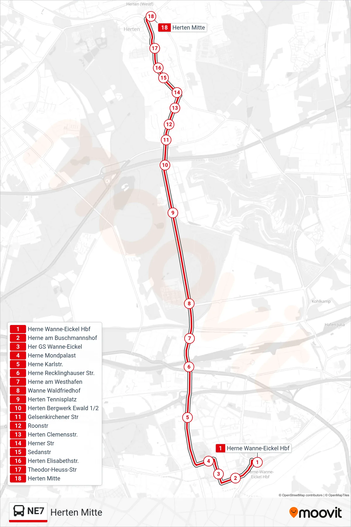 Linie NE7 (Bus) Richtung Herten Mitte: Route und Haltestellen auf der Karte