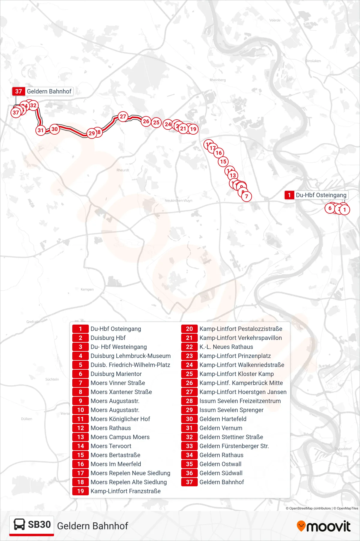 Linie SB30 (Bus) Richtung Geldern Bahnhof: Route und Haltestellen auf der Karte