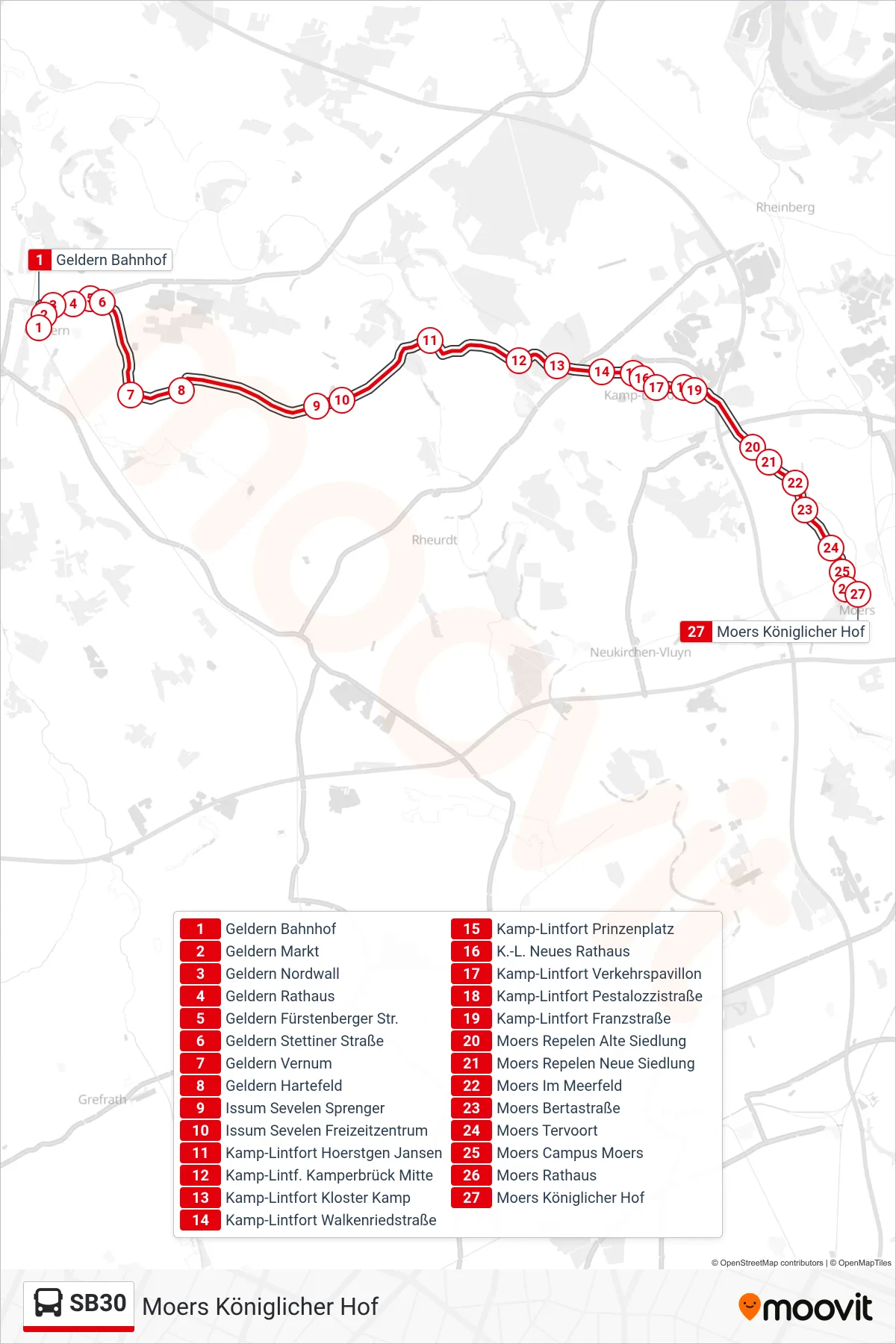 Linie SB30 (Bus) Richtung Moers Königlicher Hof: Route und Haltestellen auf der Karte