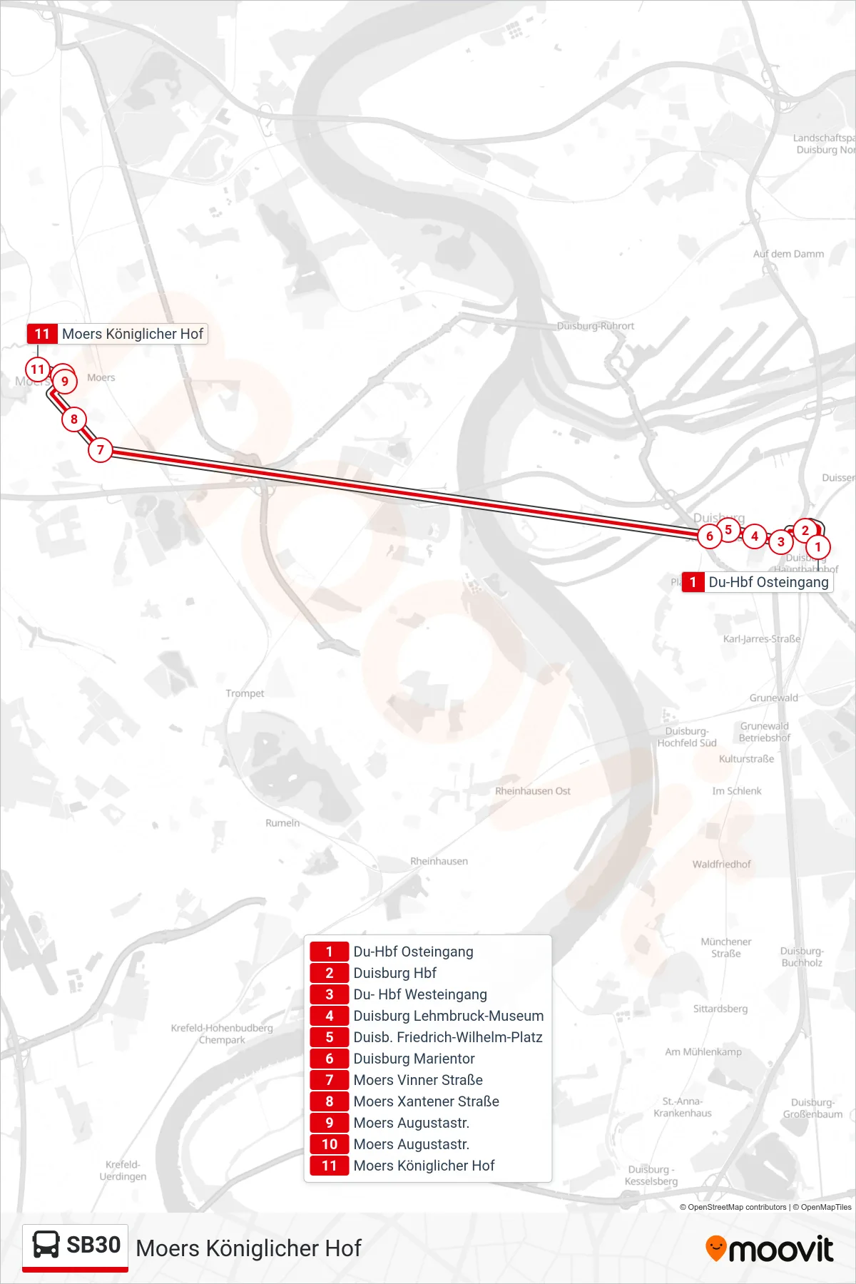 Linie SB30 (Bus) Richtung Moers Königlicher Hof: Route und Haltestellen auf der Karte