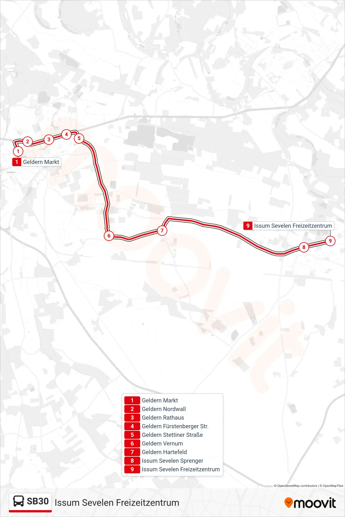 Linie SB30 (Bus) Richtung Issum Sevelen Freizeitzentrum: Route und Haltestellen auf der Karte