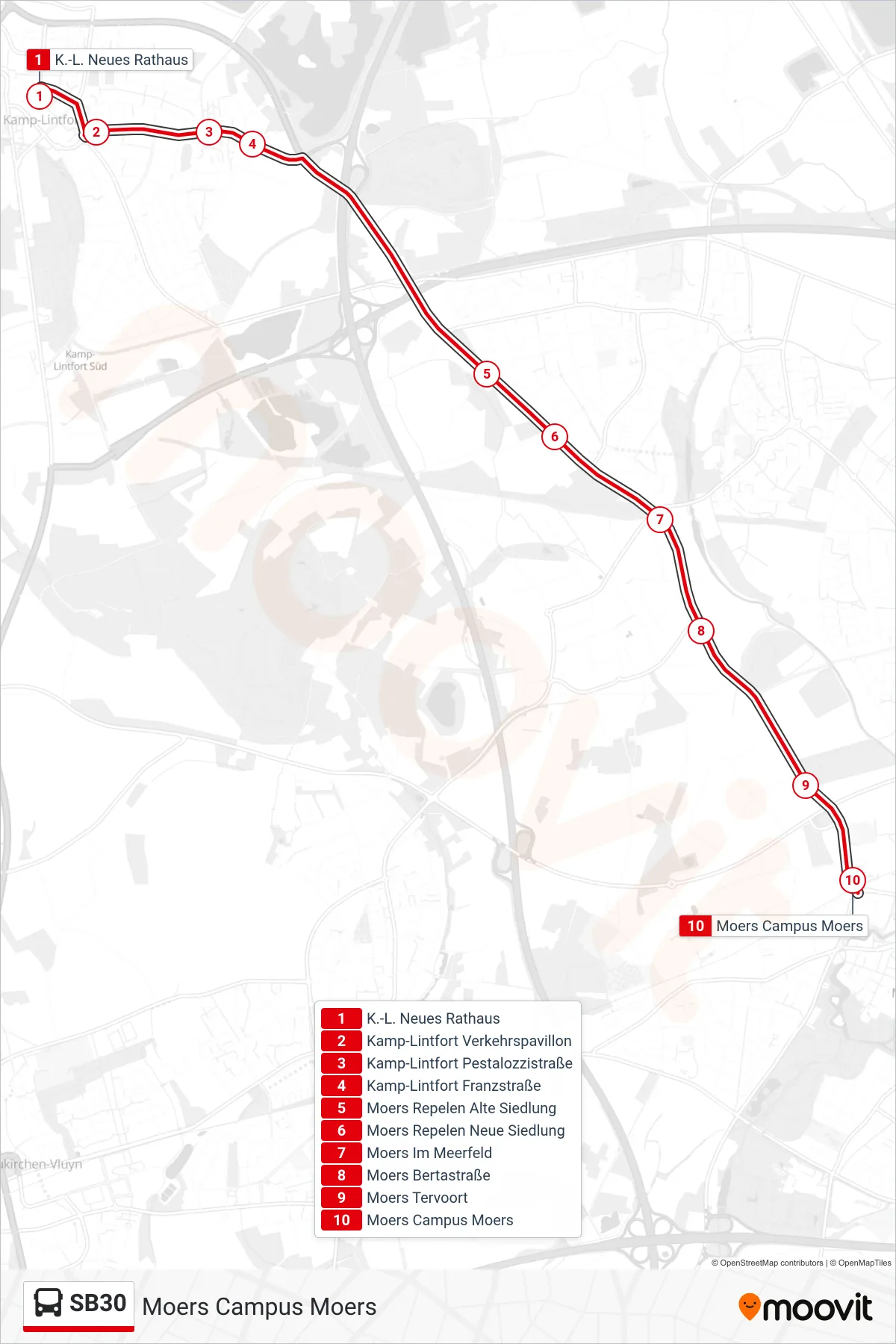 Linie SB30 (Bus) Richtung Moers Campus Moers: Route und Haltestellen auf der Karte