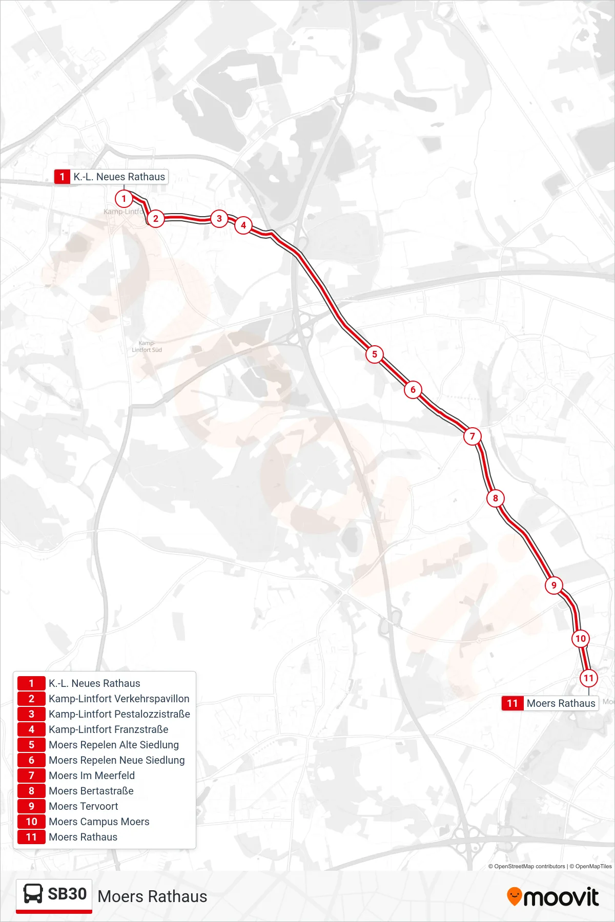 Linie SB30 (Bus) Richtung Moers Rathaus: Route und Haltestellen auf der Karte