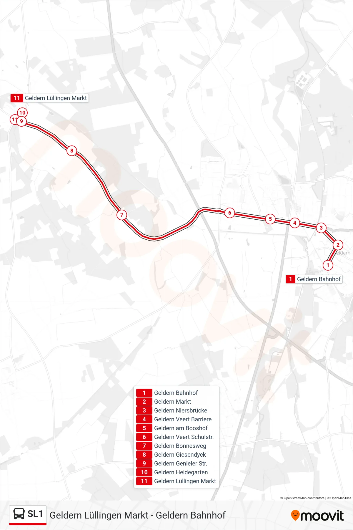 Linie SL1 (Bus) Richtung Geldern Lüllingen Markt: Route und Haltestellen auf der Karte