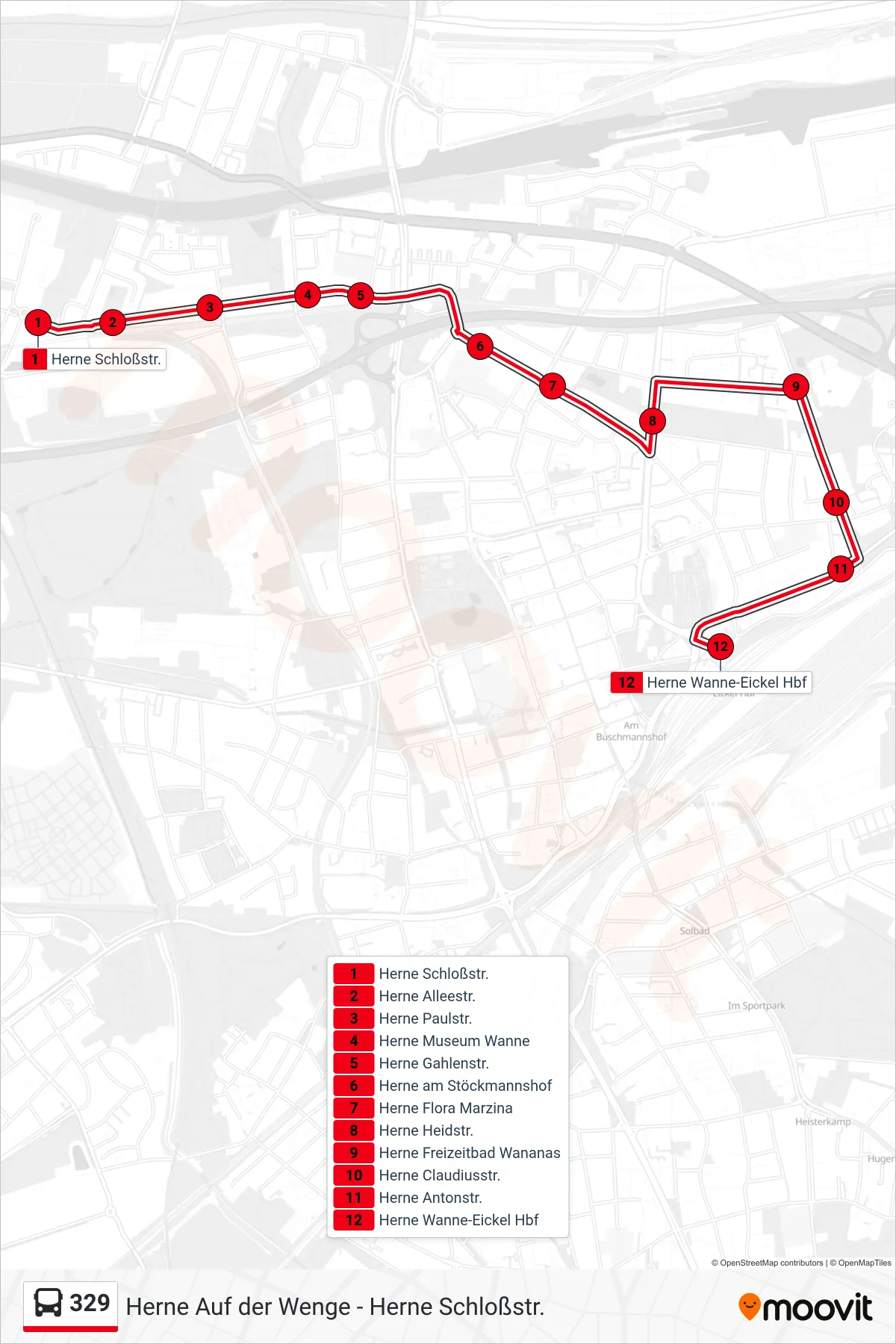 Linie 329 (Bus) Richtung Herne Wanne-Eickel Hbf: Route und Haltestellen auf der Karte