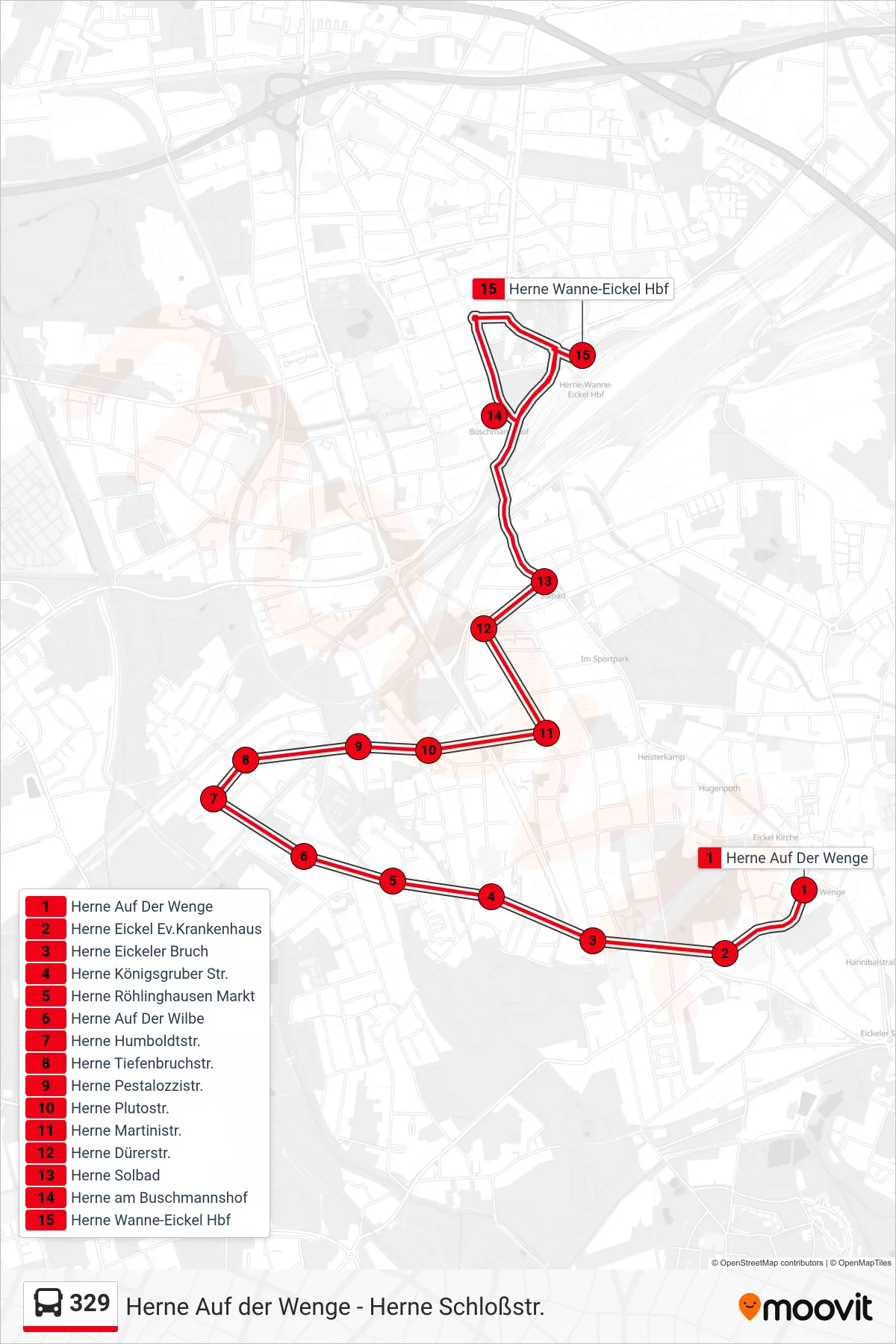 329 bus Line (Herne Wanne-Eickel Hbf) route and stops on a map