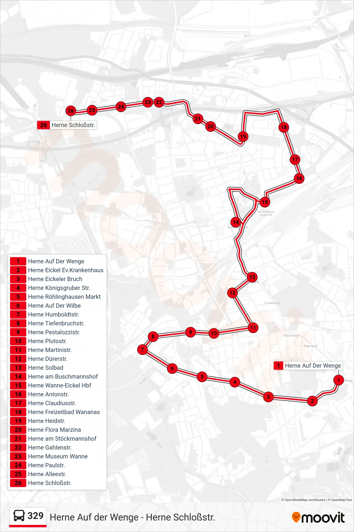Linie 329 (Bus) Richtung Herne Schloßstr.: Route und Haltestellen auf der Karte