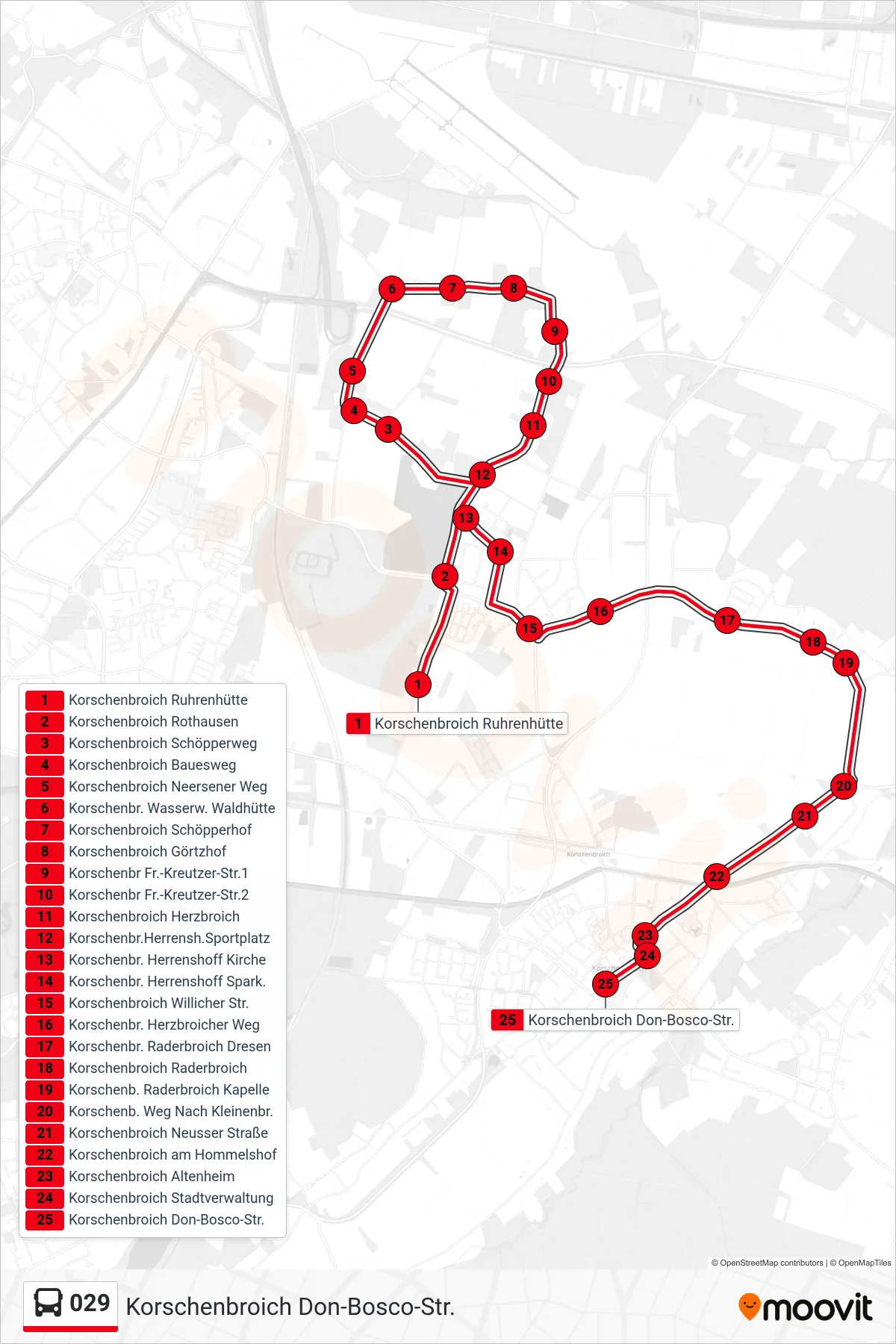 029 bus Line (Korschenbroich Don-Bosco-Str.) route and stops on a map