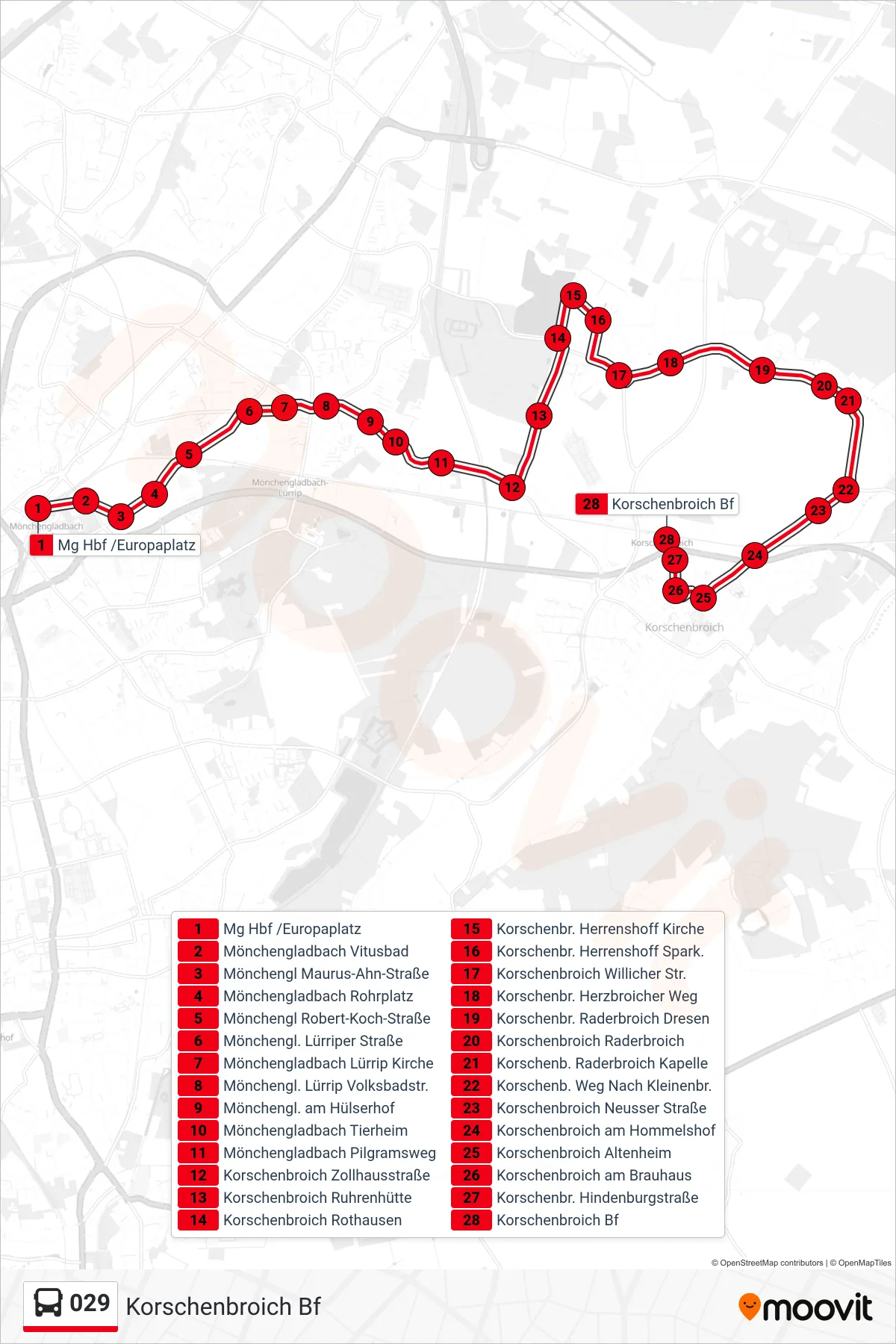 029 bus Line (Korschenbroich Bf) route and stops on a map