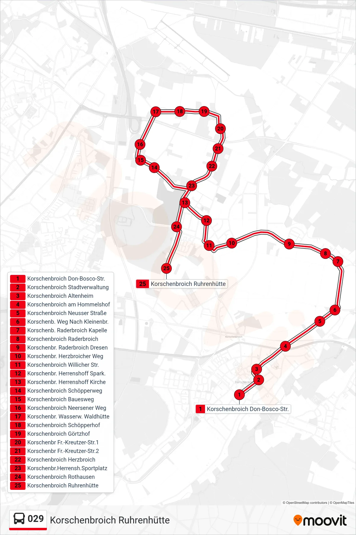Linie 029 (Bus) Richtung Korschenbroich Ruhrenhütte: Route und Haltestellen auf der Karte