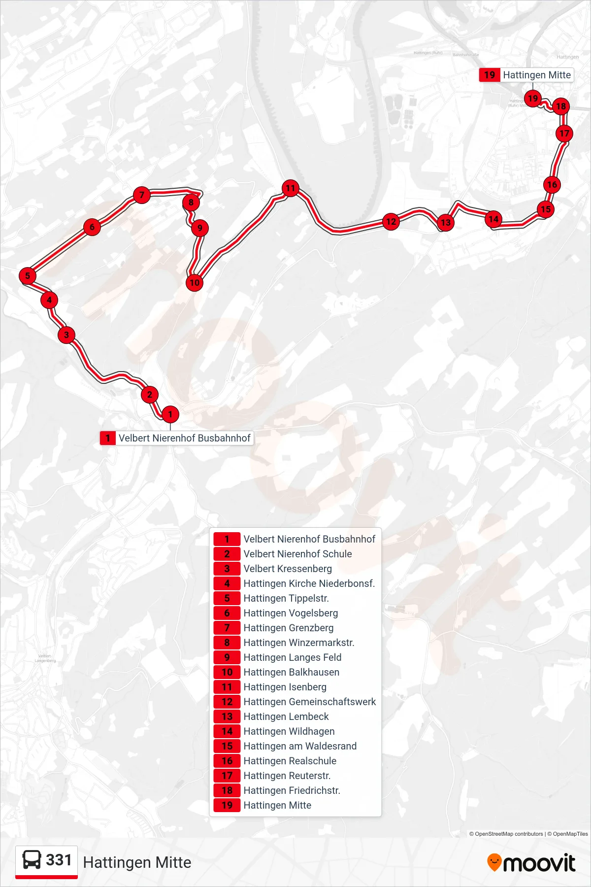 Linie 331 (Bus) Richtung Hattingen Mitte: Route und Haltestellen auf der Karte