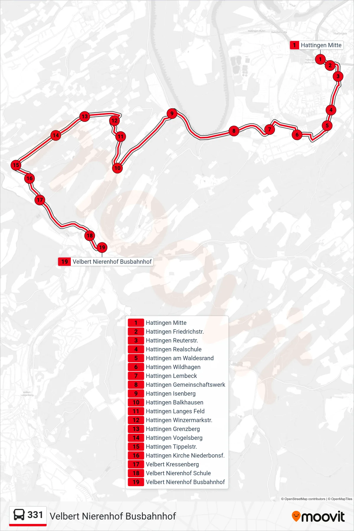 Linie 331 (Bus) Richtung Velbert Nierenhof Busbahnhof: Route und Haltestellen auf der Karte