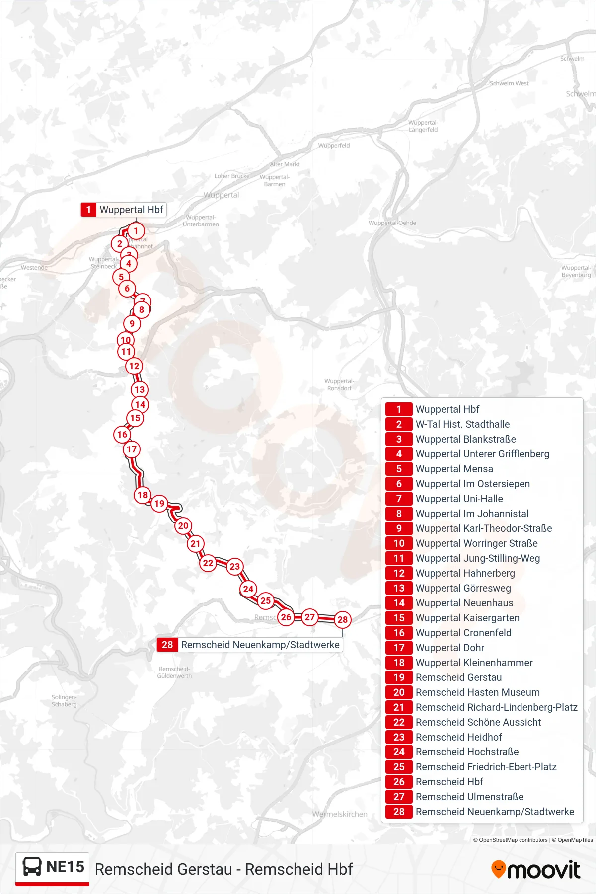Linie NE15 (Bus) Richtung Remscheid Neuenkamp/Stadtwerke: Route und Haltestellen auf der Karte