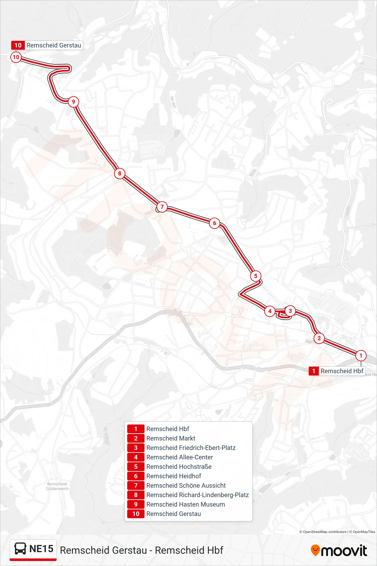 NE15 bus Line (Remscheid Gerstau) route and stops on a map