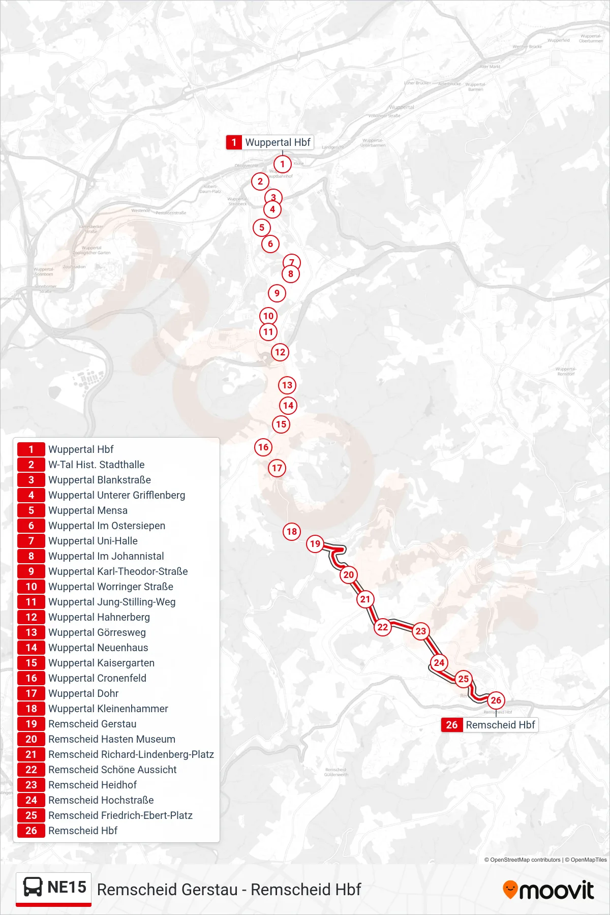 NE15 bus Line (Remscheid Hbf) route and stops on a map