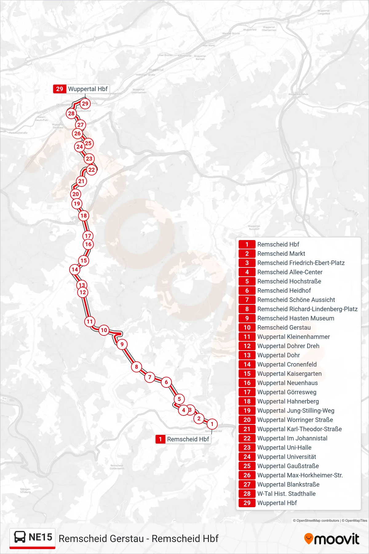 NE15 bus Line (Wuppertal Hbf) route and stops on a map