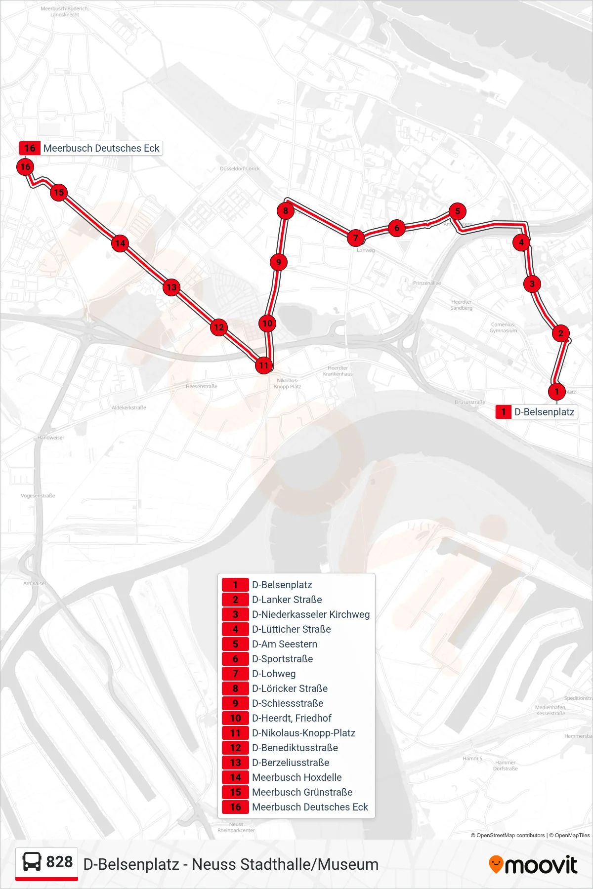 Linie 828 (Bus) Richtung Meerbusch Deutsches Eck: Route und Haltestellen auf der Karte