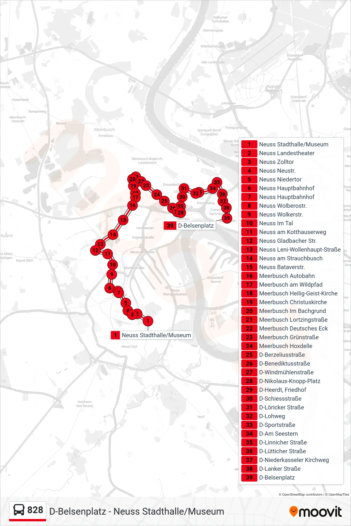 828 bus Line (D-Belsenplatz) route and stops on a map