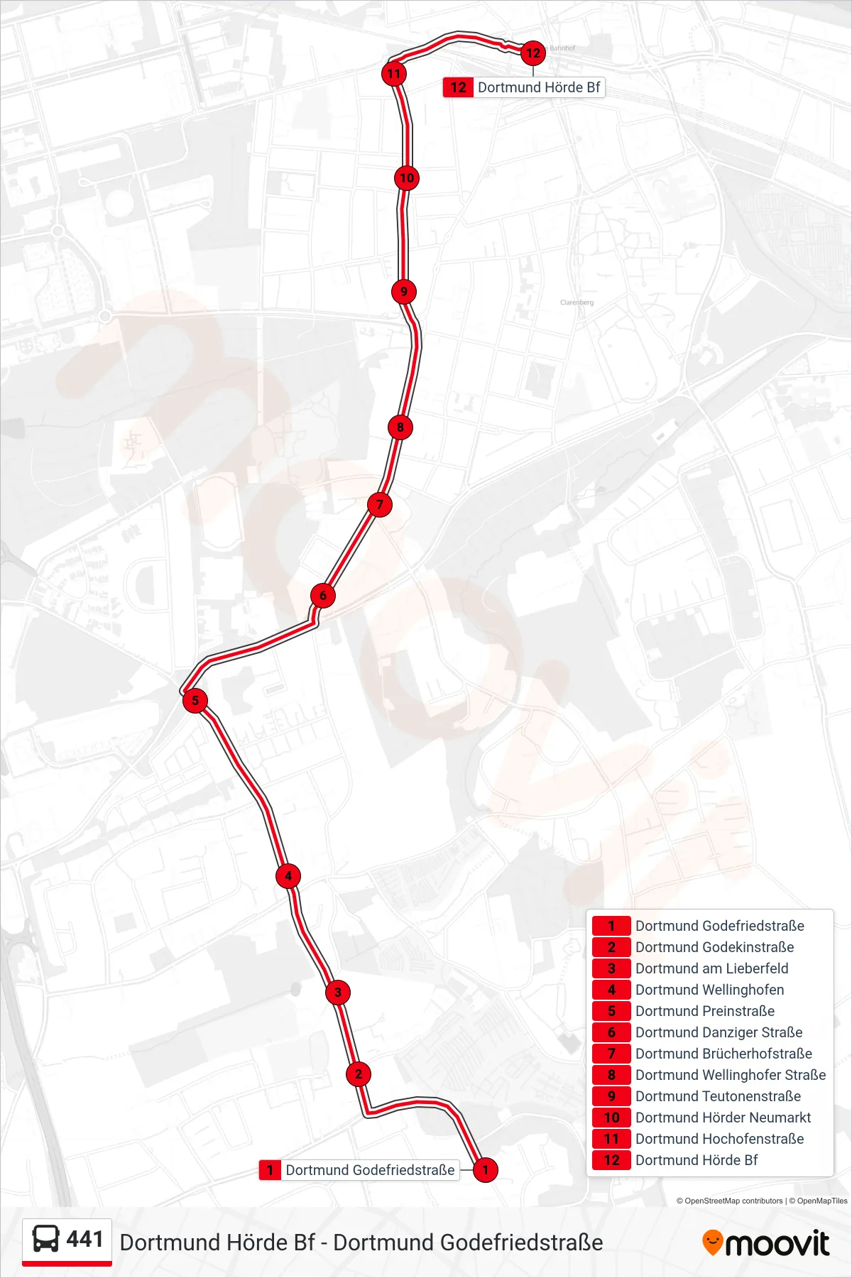 Linie 441 (Bus) Richtung Dortmund Hörde Bf: Route und Haltestellen auf der Karte