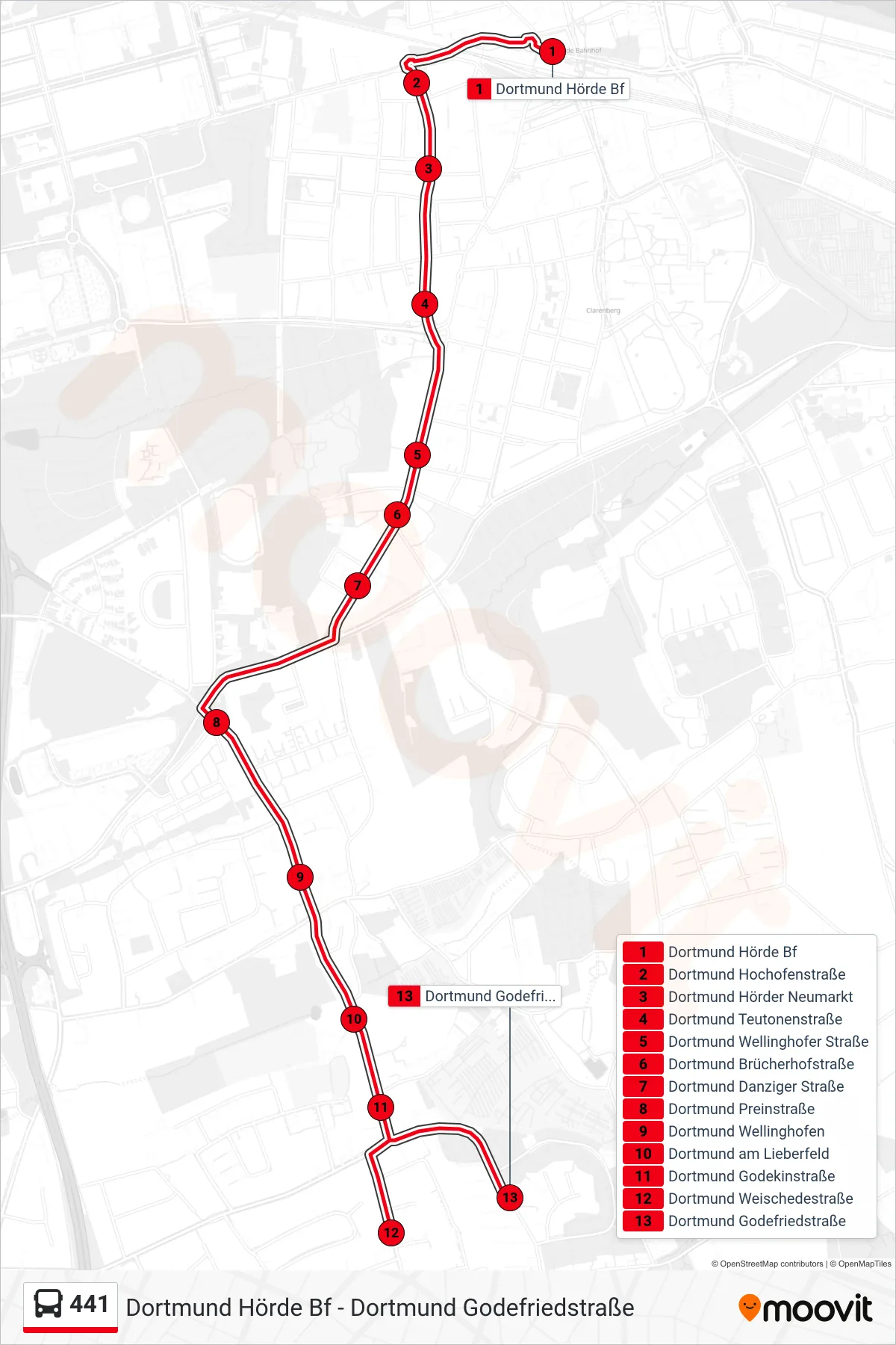 Linie 441 (Bus) Richtung Dortmund Godefriedstraße: Route und Haltestellen auf der Karte
