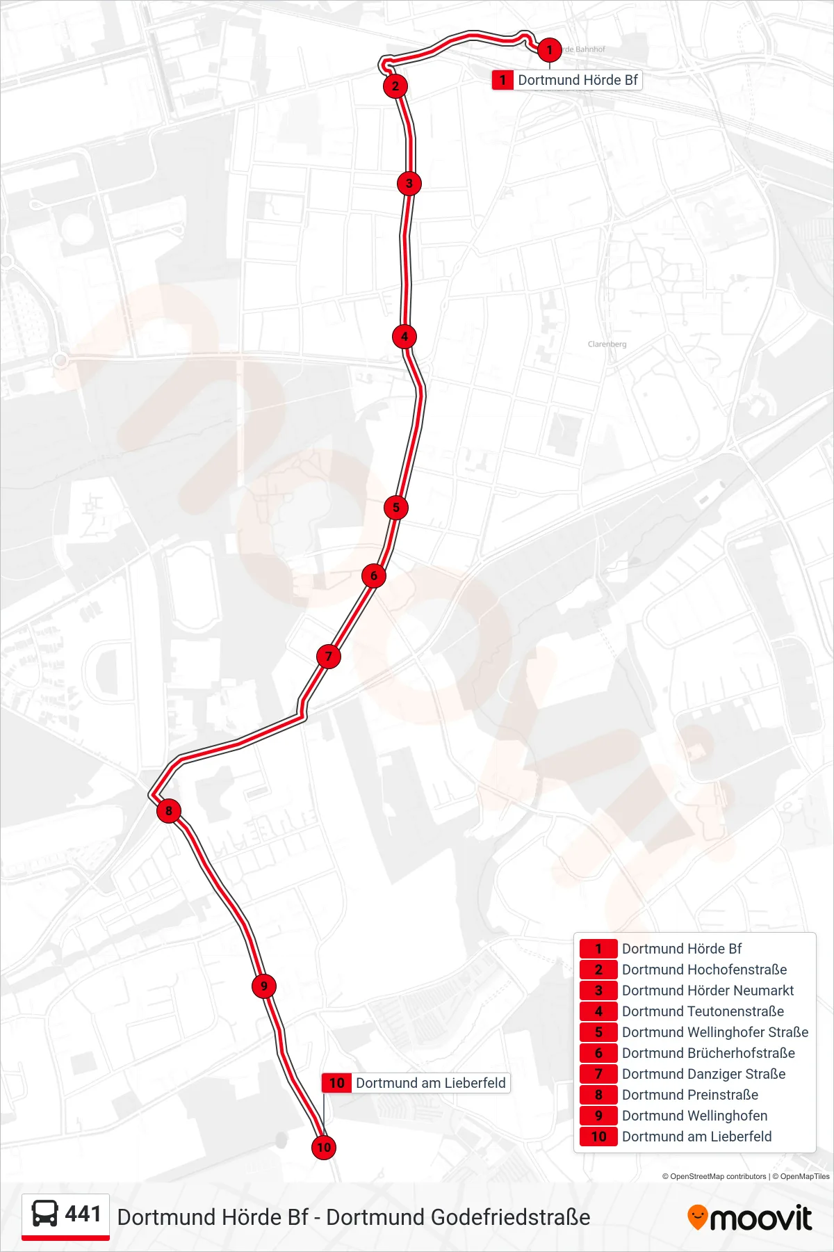 Linie 441 (Bus) Richtung Dortmund am Lieberfeld: Route und Haltestellen auf der Karte